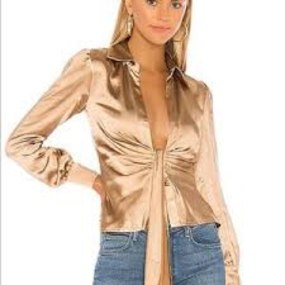 Lovers + Friends Oliver Satin V-neck Top in Gold Front Knot